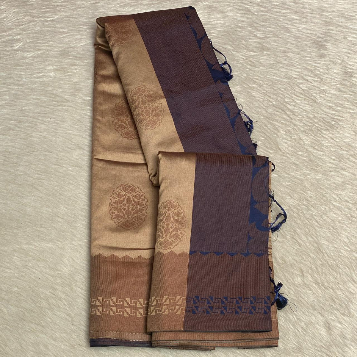 Theertha Soft Silk Saree Chikku with Blue Border