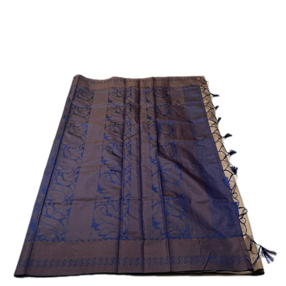 Theertha Soft Silk Saree Chikku with Blue Border