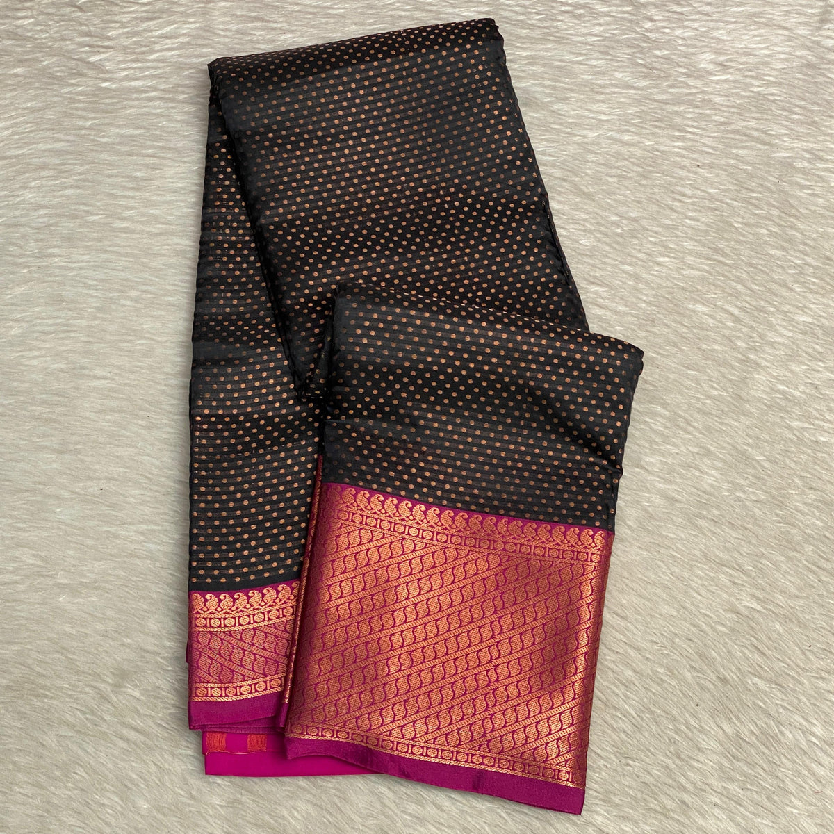 Banarasi Butti Soft Silk Saree in Black with Violet Contrast Border