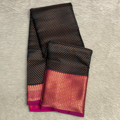 Banarasi Butti Soft Silk Saree in Black with Violet Contrast Border