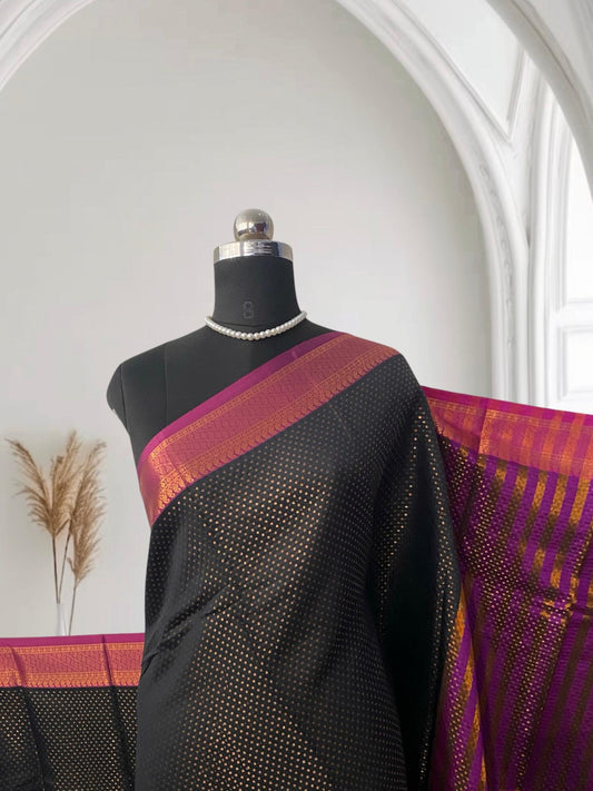 Banarasi Butti Soft Silk Saree in Black with Violet Contrast Border