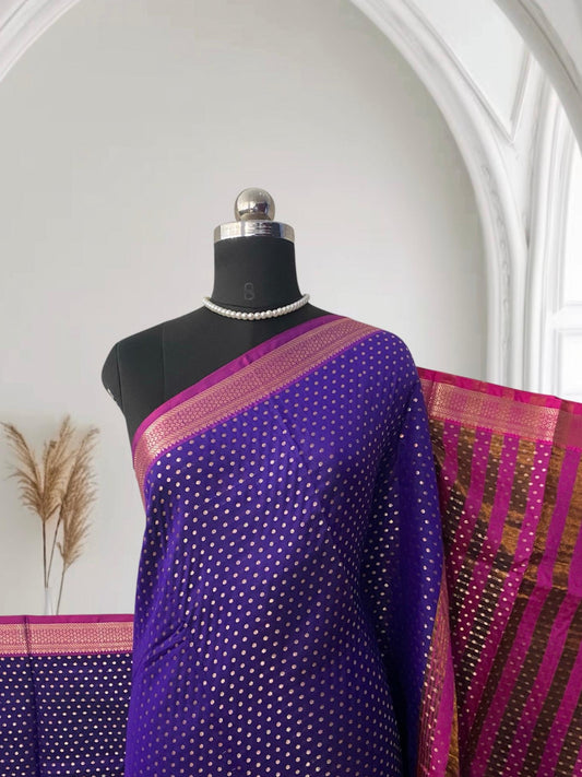 Banarasi Butti Soft Silk Saree in Violet with Pink Contrast Border