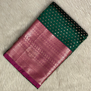 Banarasi Butti Soft Silk Saree in Green with Pink Contrast Border
