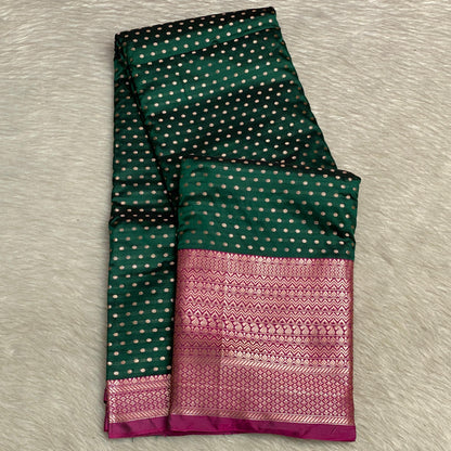 Banarasi Butti Soft Silk Saree in Green with Pink Contrast Border