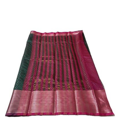Banarasi Butti Soft Silk Saree in Green with Pink Contrast Border