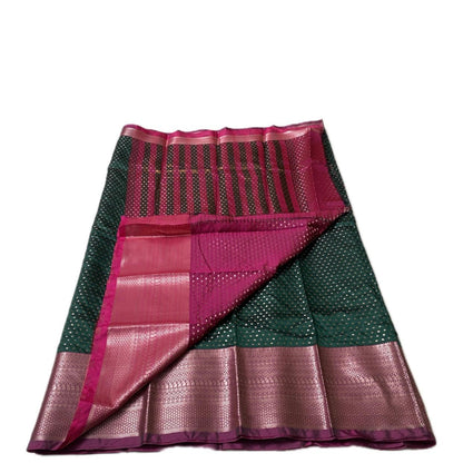 Banarasi Butti Soft Silk Saree in Green with Pink Contrast Border