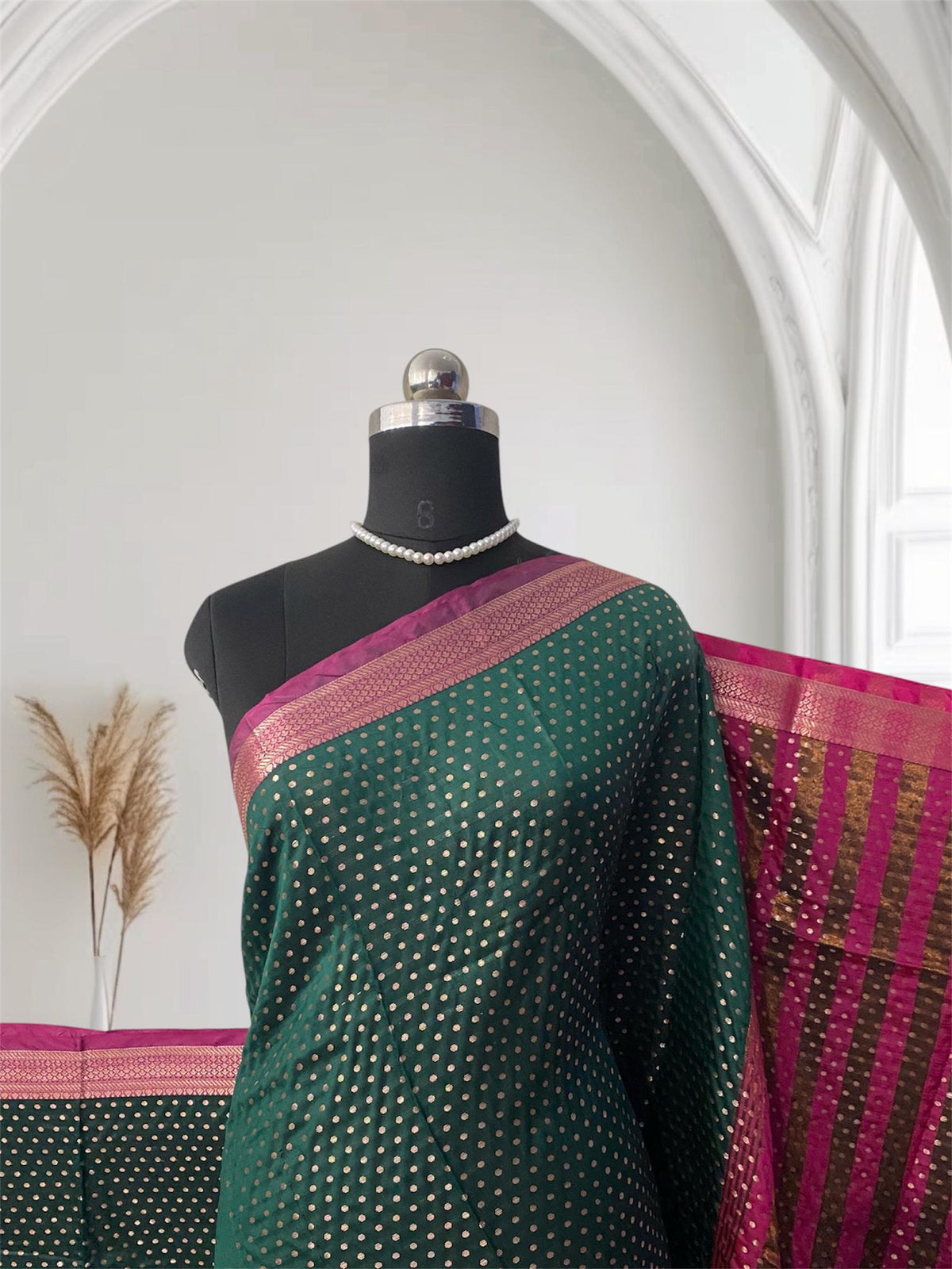 Banarasi Butti Soft Silk Saree in Green with Pink Contrast Border