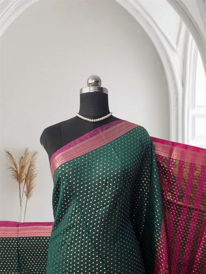 Banarasi Butti Soft Silk Saree in Green with Pink Contrast Border