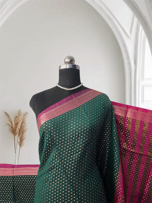 Banarasi Butti Soft Silk Saree in Green with Pink Contrast Border