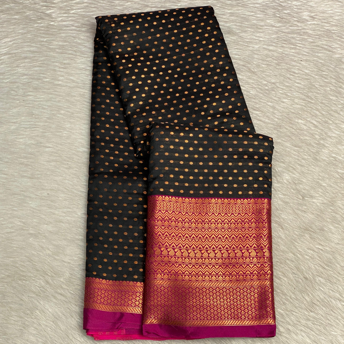 Banarasi Butti Soft Silk Saree in Black with Pink Contrast Border