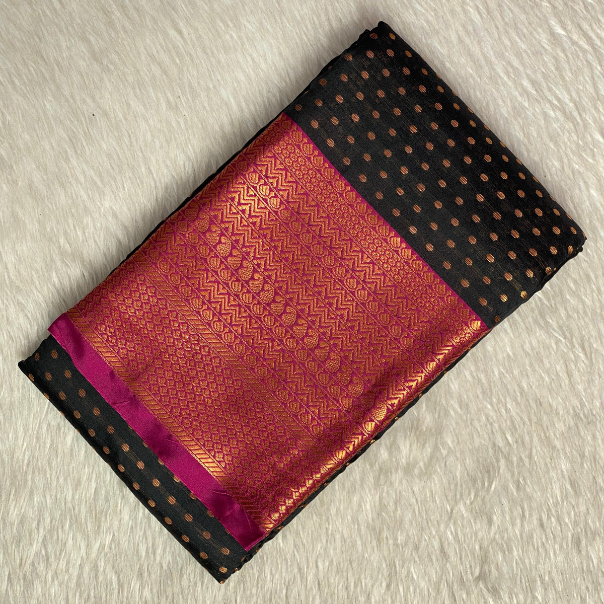 Banarasi Butti Soft Silk Saree in Black with Pink Contrast Border