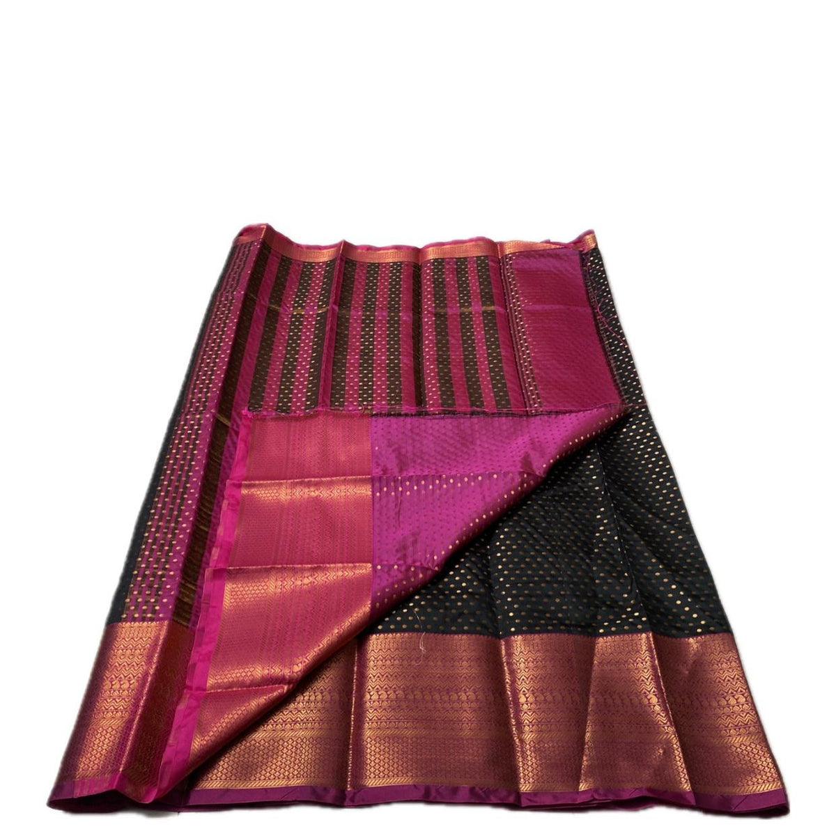 Banarasi Butti Soft Silk Saree in Black with Pink Contrast Border
