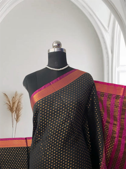 Banarasi Butti Soft Silk Saree in Black with Pink Contrast Border
