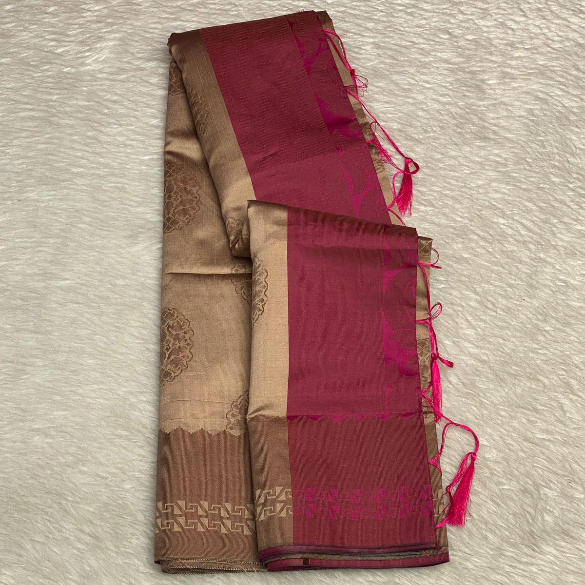 Theertha Soft Silk Saree Chikku with Pink Border