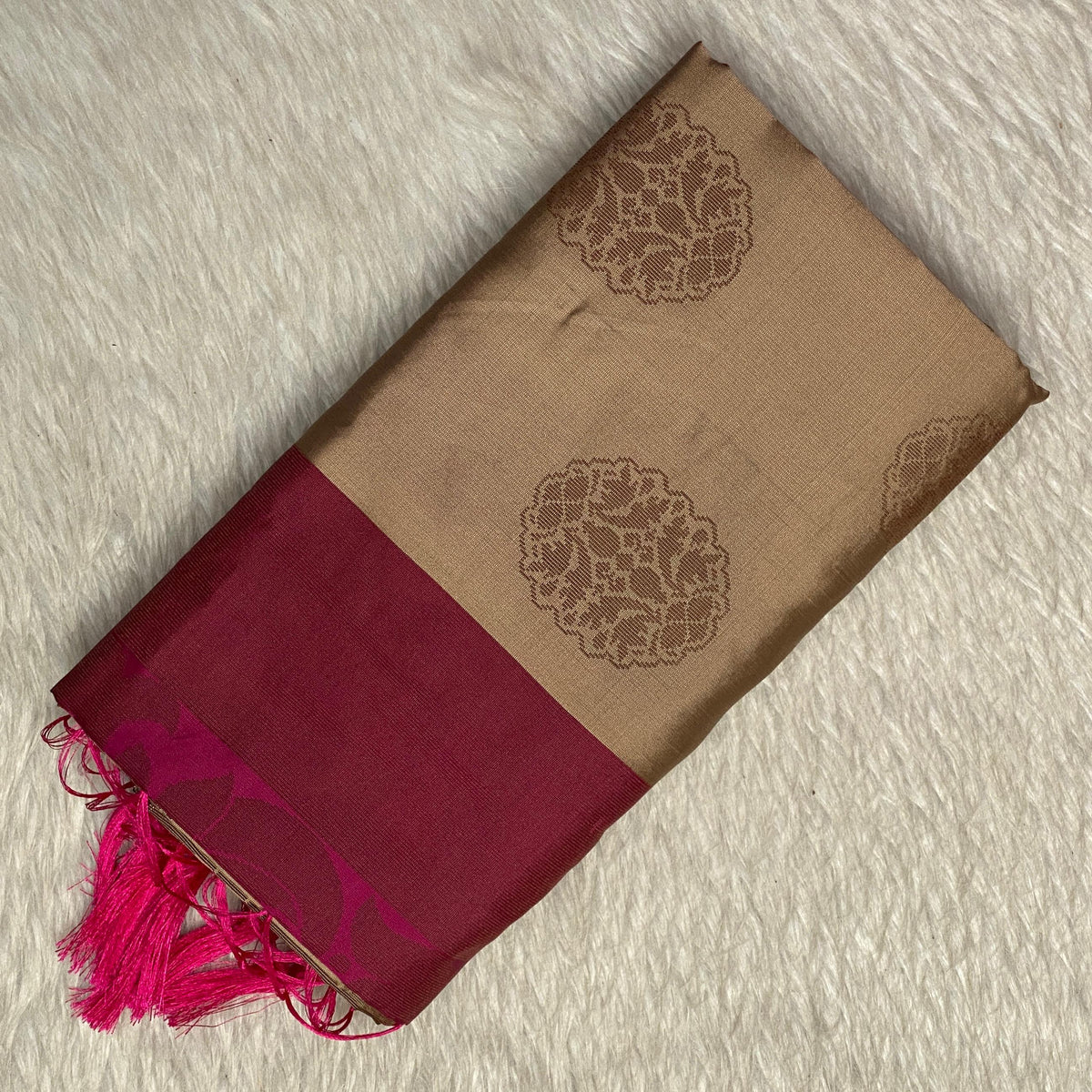 Theertha Soft Silk Saree Chikku with Pink Border