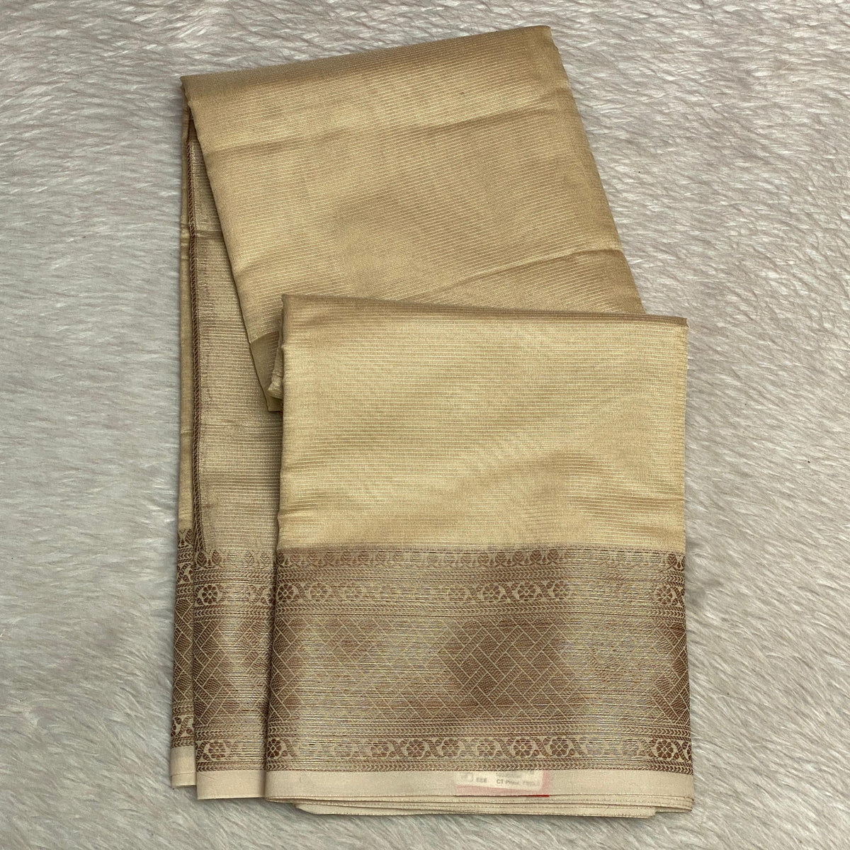 Golden Silk Saree with Geometric Motif Zari Border Chikku