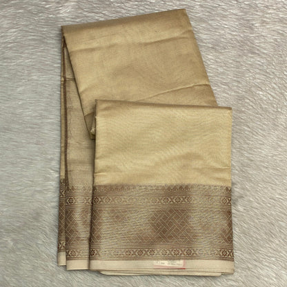 Golden Silk Saree with Geometric Motif Zari Border Chikku