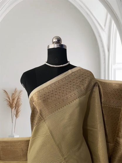 Golden Silk Saree with Geometric Motif Zari Border Chikku