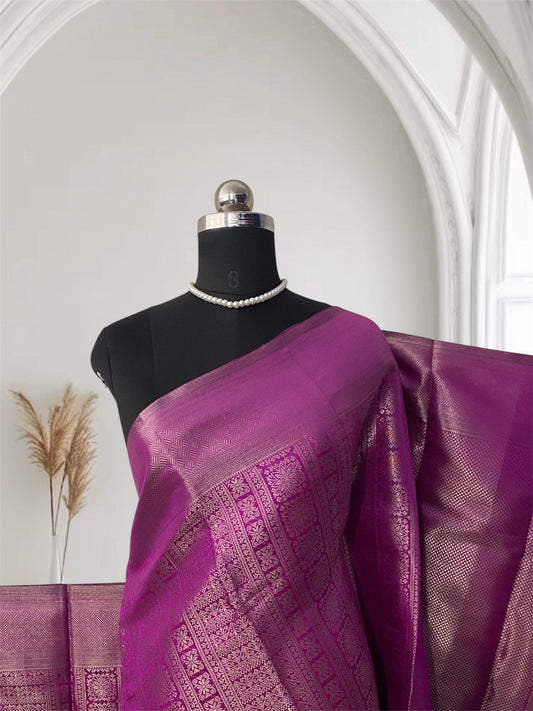 Bridal Dark Pink Kanjivaram Silk Saree with Antique Gold Zari Motif (Wedding Collections)