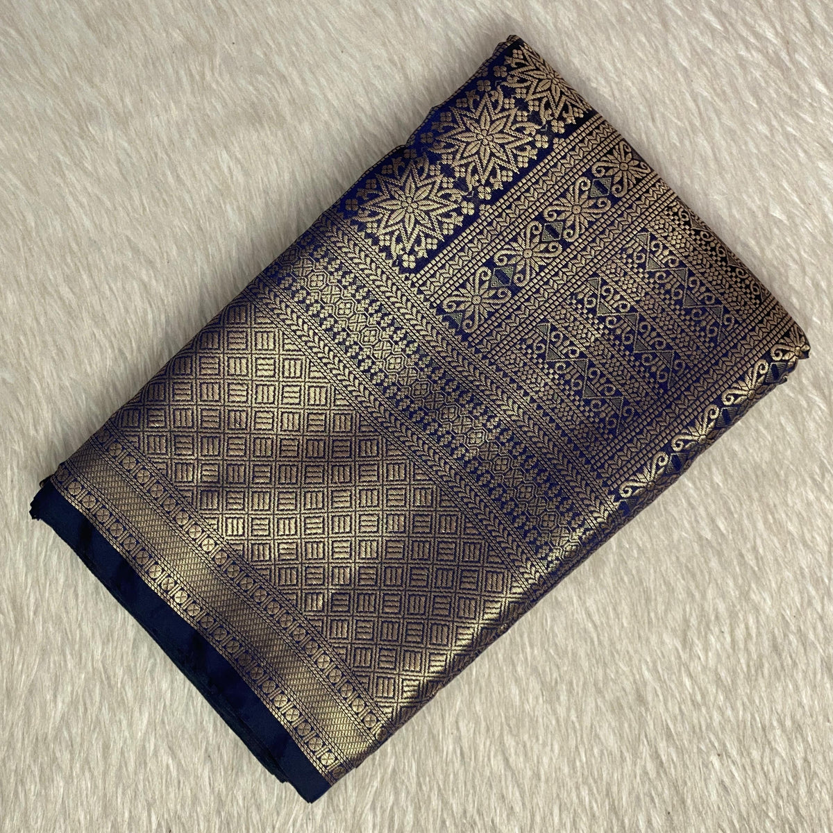 Bridal Navy Blue Kanjivaram Silk Saree with Antique Gold Zari Motif (Wedding Collections)