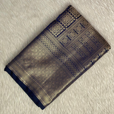 Bridal Navy Blue Kanjivaram Silk Saree with Antique Gold Zari Motif (Wedding Collections)