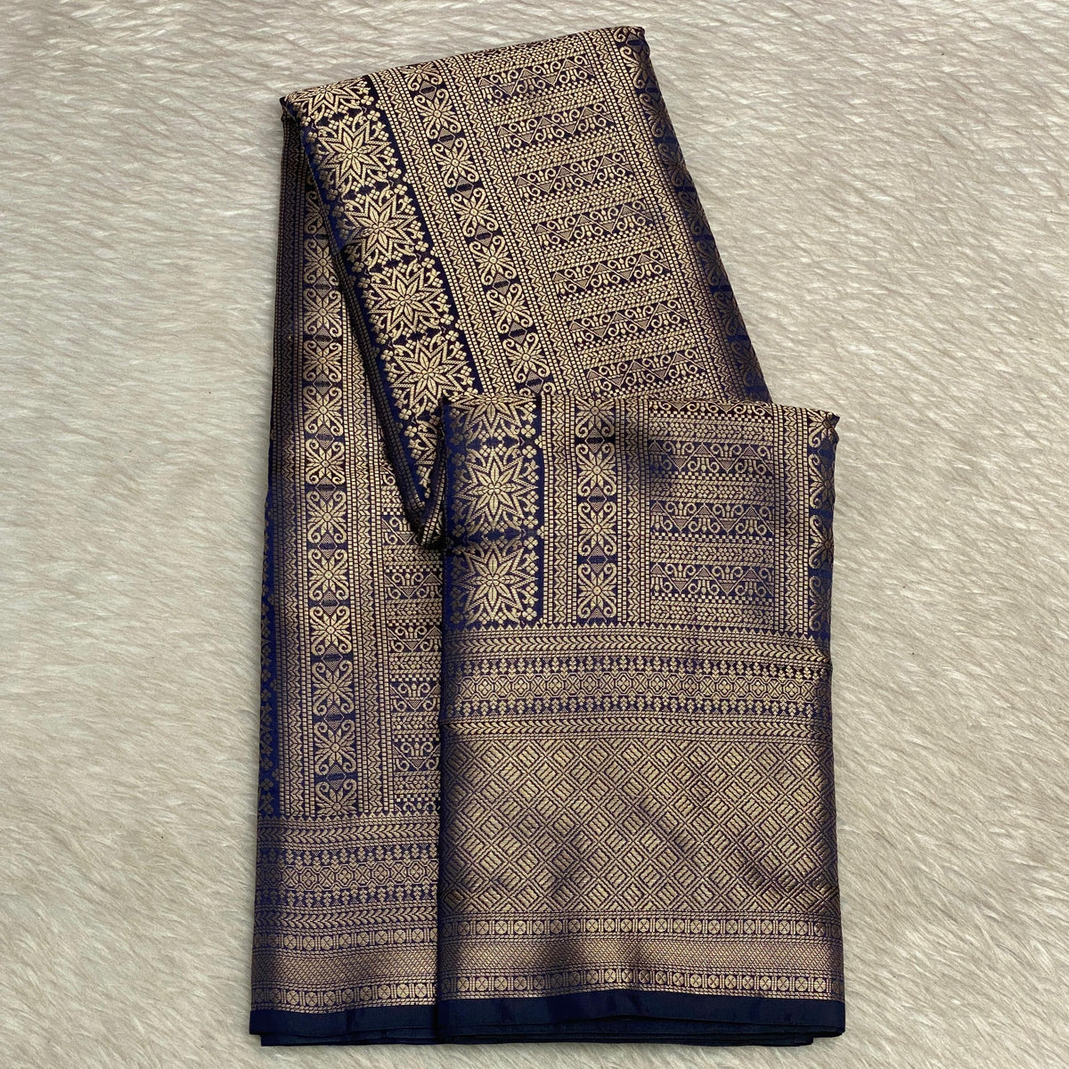 Bridal Navy Blue Kanjivaram Silk Saree with Antique Gold Zari Motif (Wedding Collections)