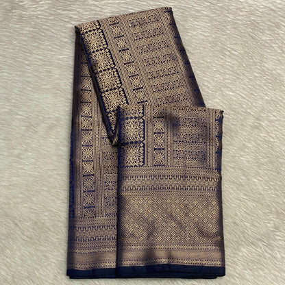 Bridal Navy Blue Kanjivaram Silk Saree with Antique Gold Zari Motif (Wedding Collections)