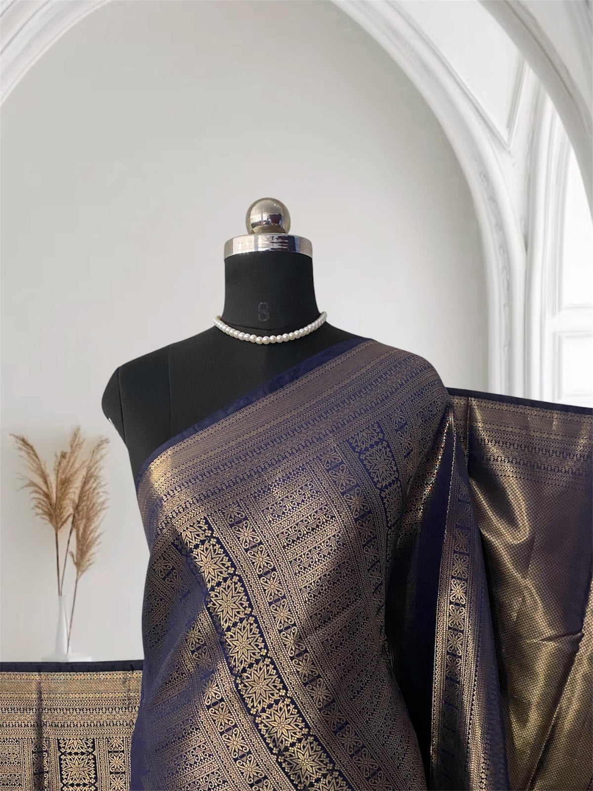Bridal Navy Blue Kanjivaram Silk Saree with Antique Gold Zari Motif (Wedding Collections)