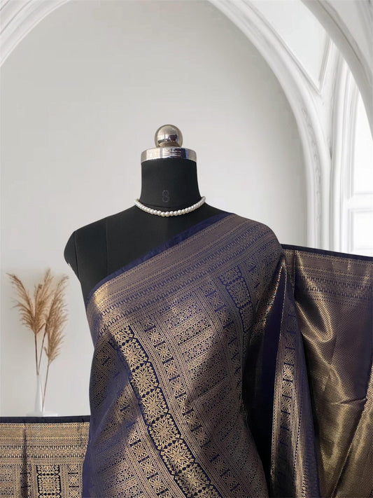 Bridal Navy Blue Kanjivaram Silk Saree with Antique Gold Zari Motif (Wedding Collections)