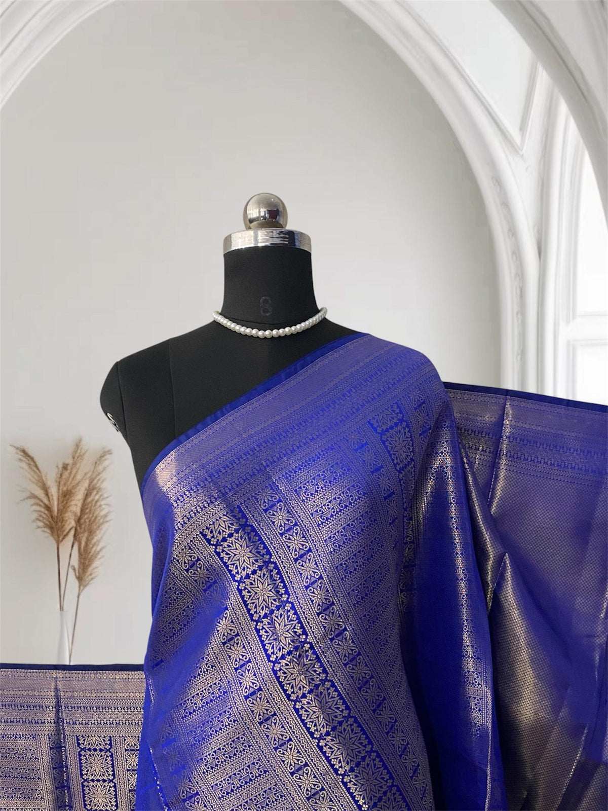 Bridal Royal Blue Kanjivaram Silk Saree with Antique Gold Zari Motif (Wedding Collections)