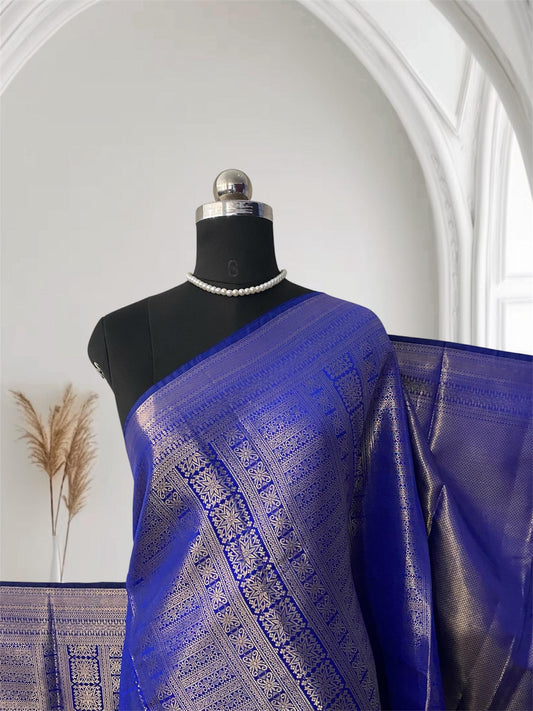 Bridal Royal Blue Kanjivaram Silk Saree with Antique Gold Zari Motif (Wedding Collections)
