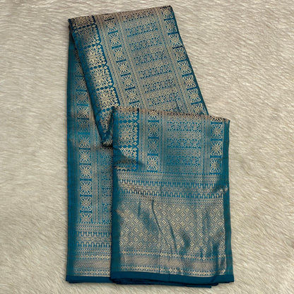 Bridal Blue Kanjivaram Silk Saree with Antique Gold Zari Motif (Wedding Collections)