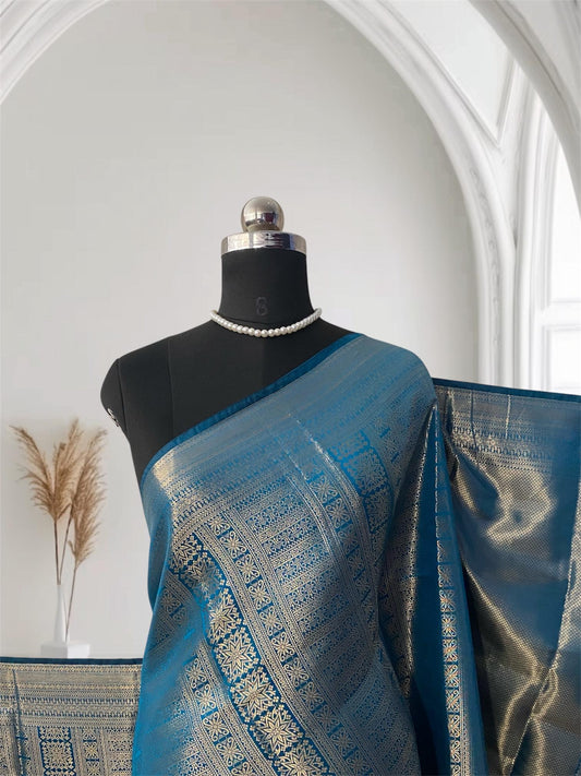 Bridal Blue Kanjivaram Silk Saree with Antique Gold Zari Motif (Wedding Collections)