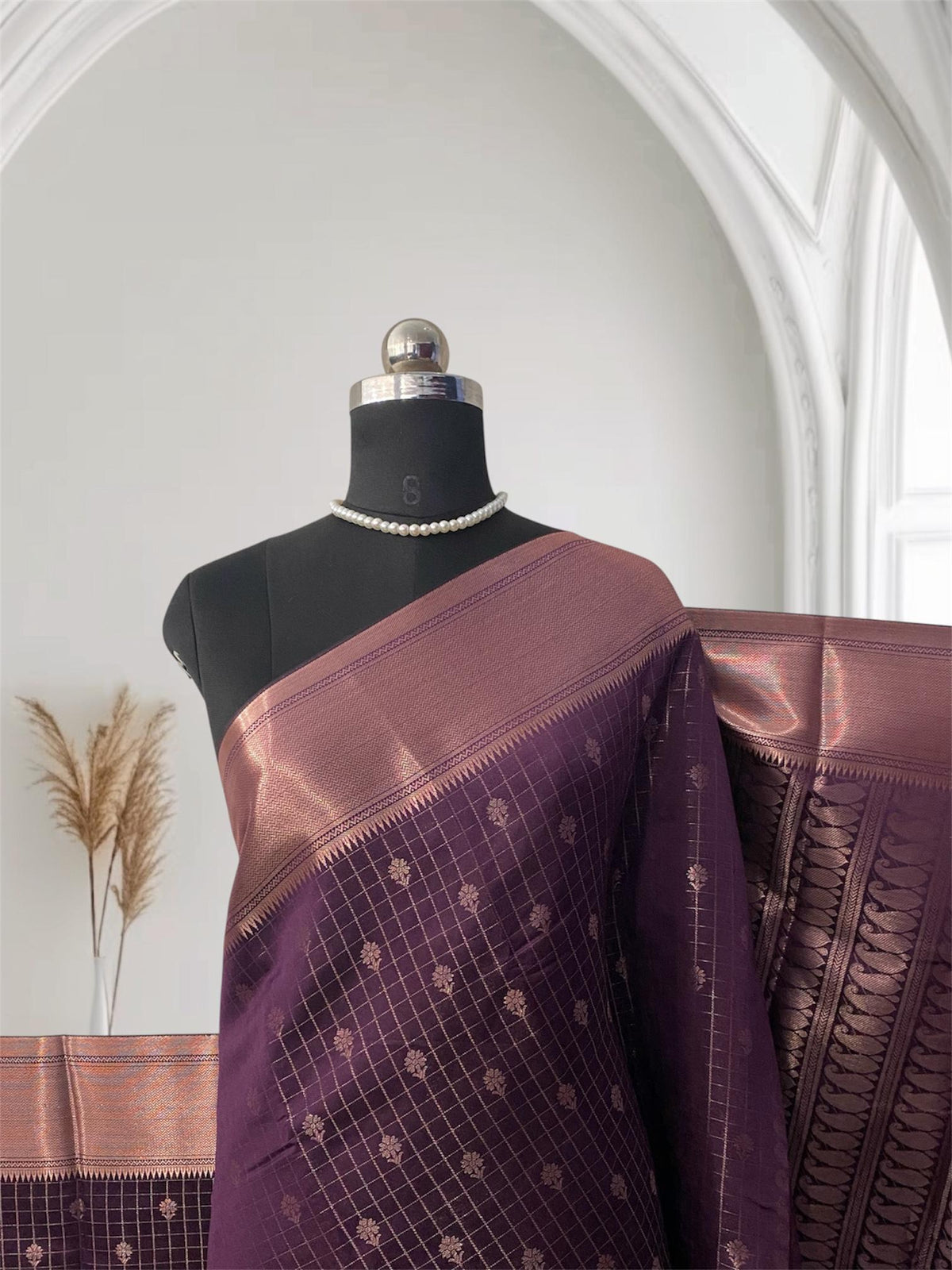 Radhima Purple Royal Checks Silk Saree with Golden Zari