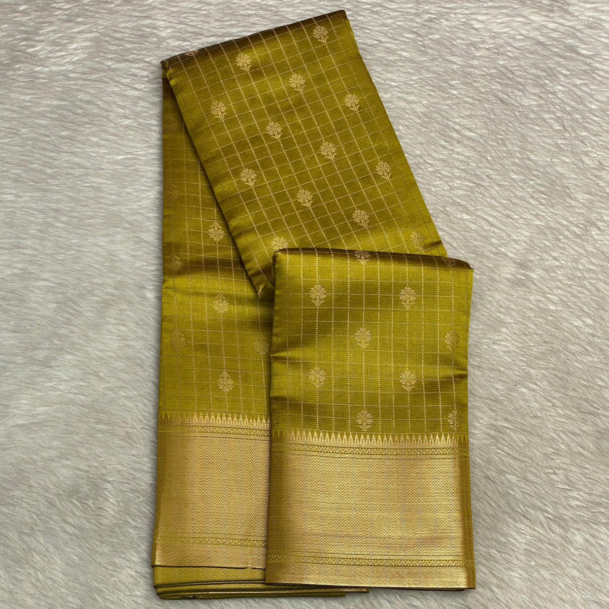 Radhima Olive Green Royal Checks Silk Saree with Golden Zari