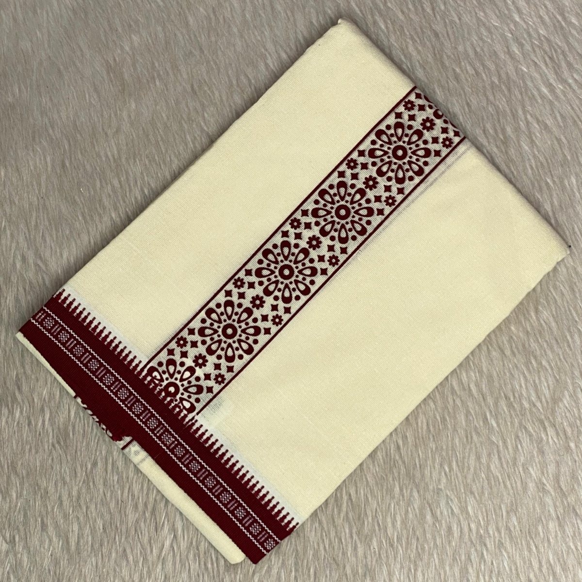 Men's Linen Off White Dhoti with Maroon Floral Border