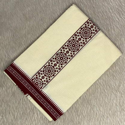 Men's Linen Off White Dhoti with Maroon Floral Border