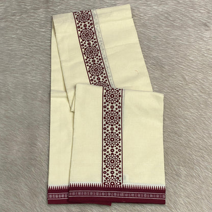 Men's Linen Off White Dhoti with Maroon Floral Border