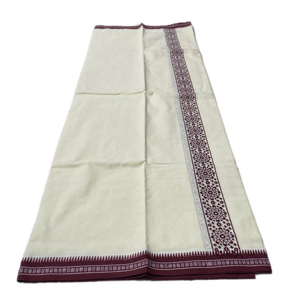 Men's Linen Off White Dhoti with Maroon Floral Border