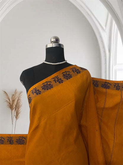Mustard Yellow Linen Saree with Black Border