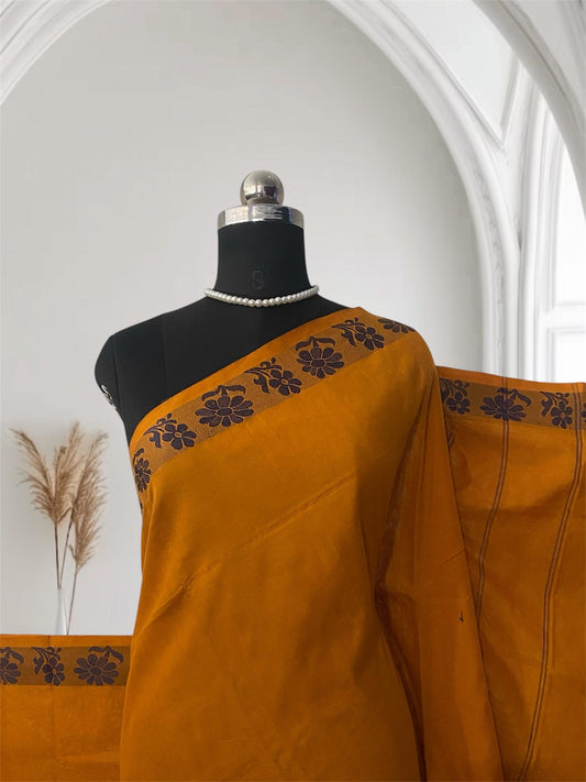 Mustard Yellow Linen Saree with Black Border
