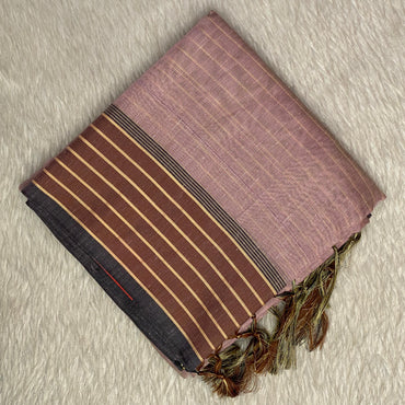 Classic Linen Saree - Brown with Aesthetic Border