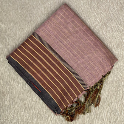 Classic Linen Saree - Brown with Aesthetic Border