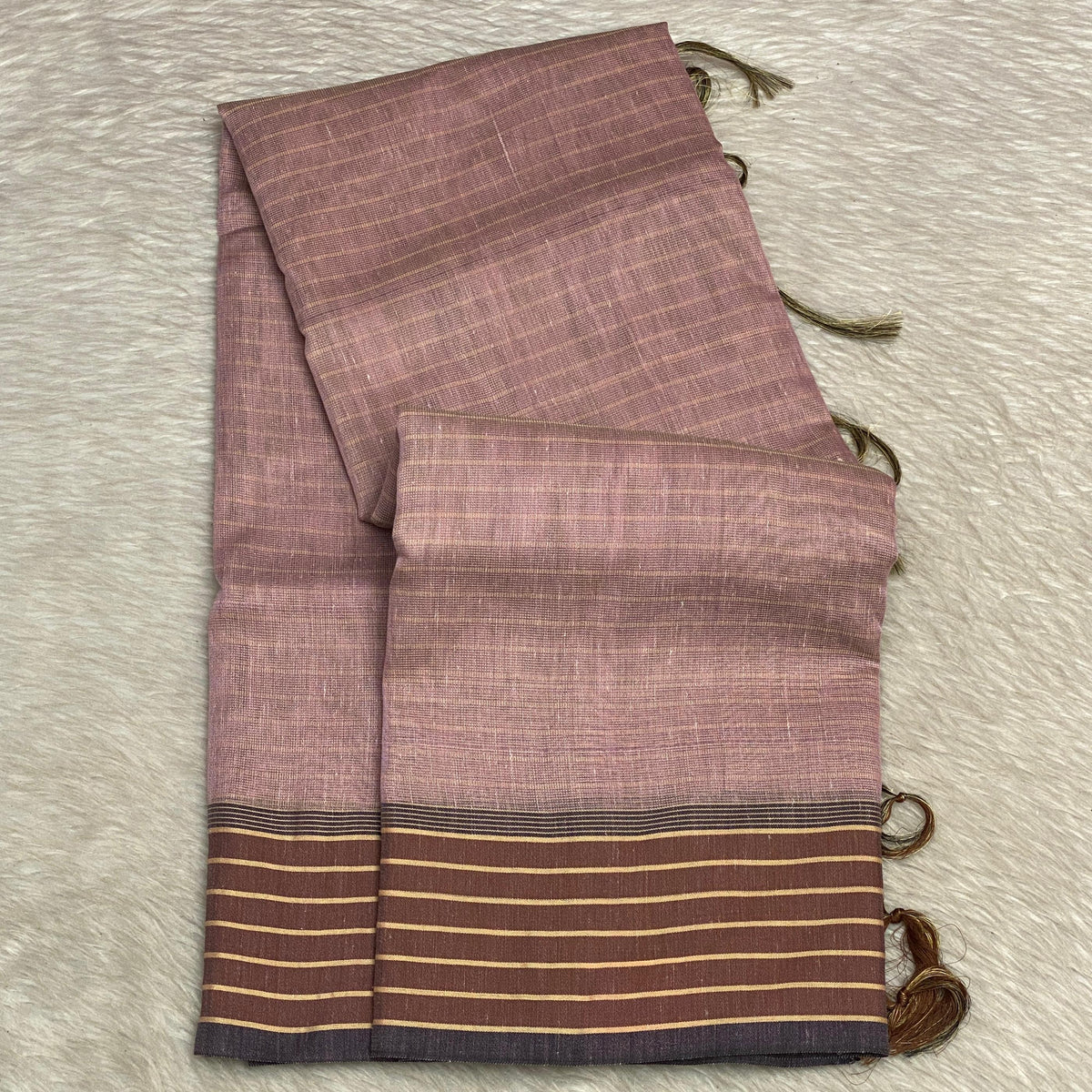 Classic Linen Saree - Brown with Aesthetic Border