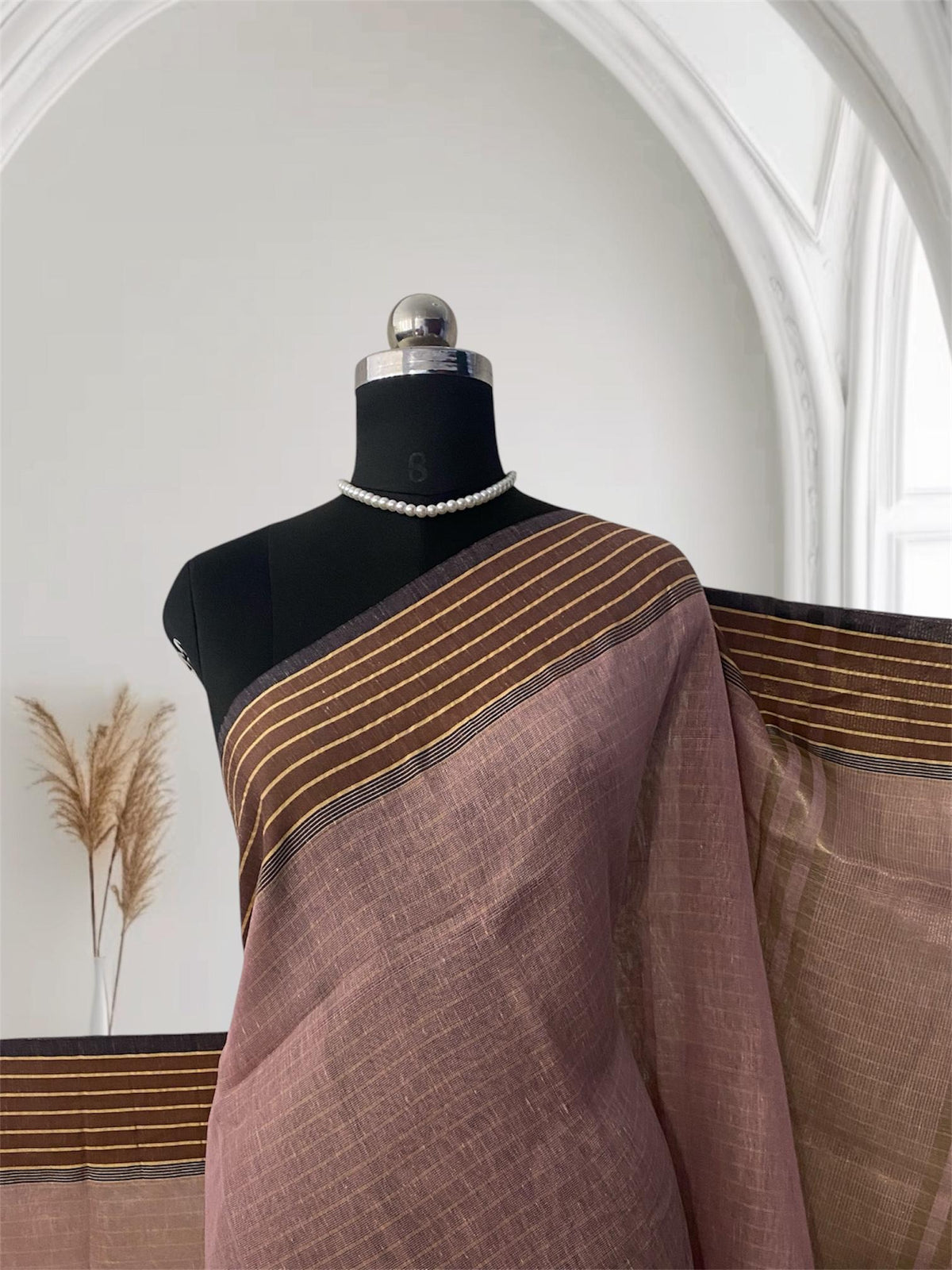 Classic Linen Saree - Brown with Aesthetic Border