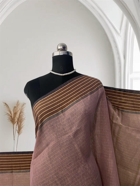 Classic Linen Saree - Brown with Aesthetic Border
