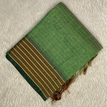 Classic Linen Saree - Green with Aesthetic Border