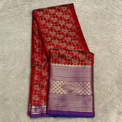 Wedding Silk Red and Blue Combination Saree