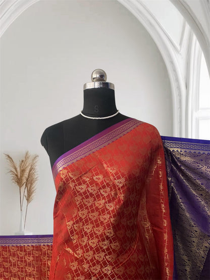 Wedding Silk Red and Blue Combination Saree