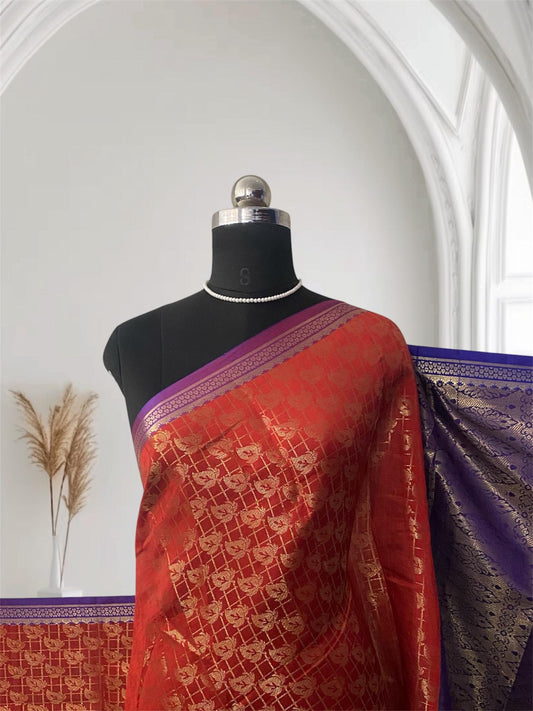 Wedding Silk Red and Blue Combination Saree